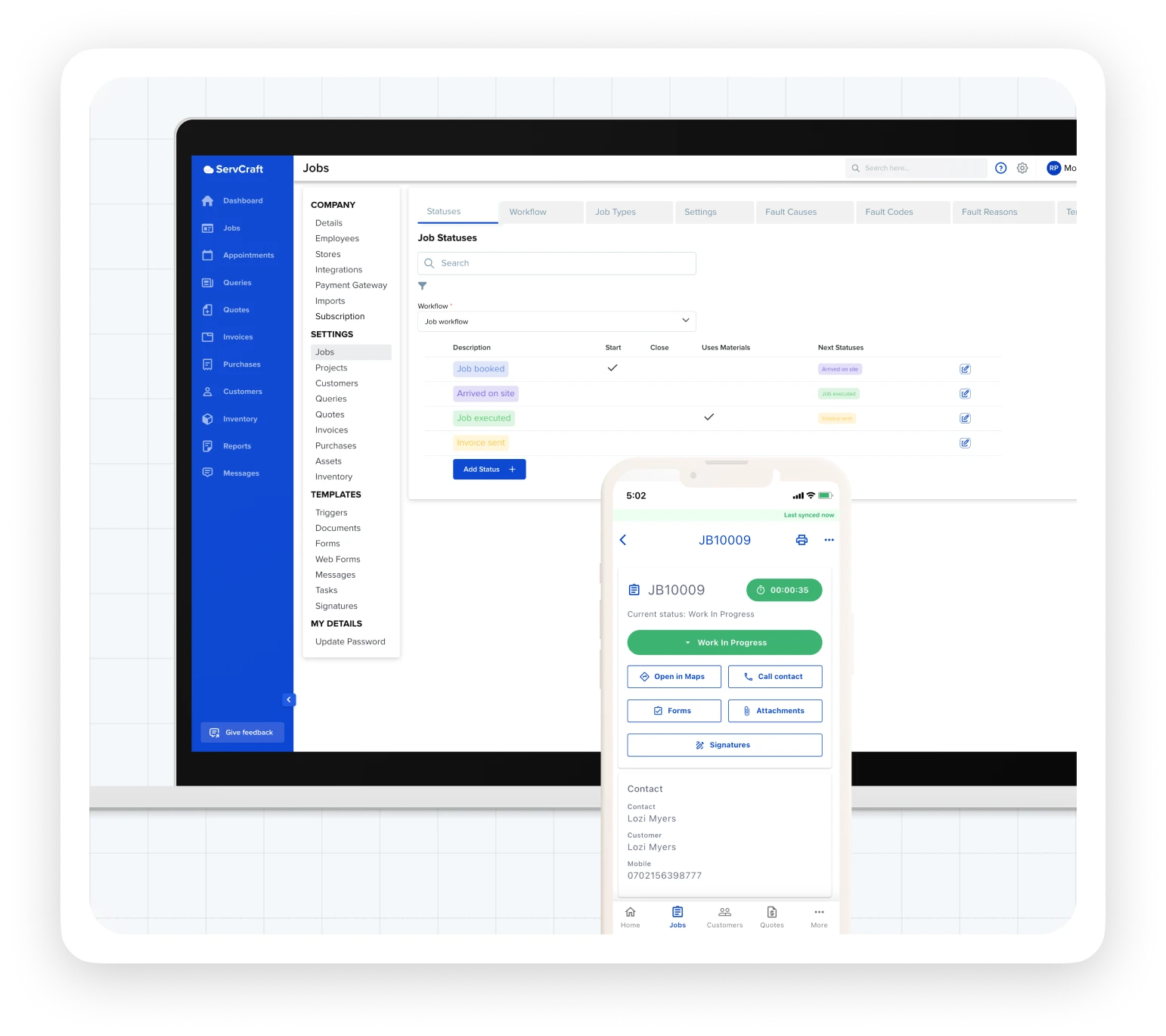 ServCraft dashboard and mobile app